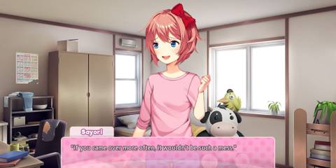 Sayori talking to the player in her room - Doki Doki Literature Club!