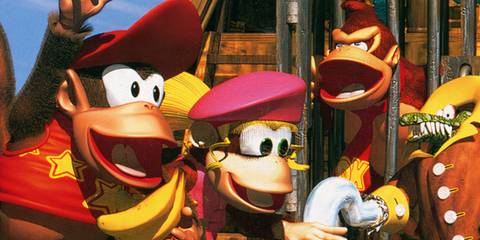 Diddy and Dixie, with Donkey Kong locked in a cage