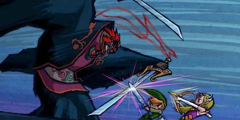 Zelda and Link attacking a giant Ganondorf