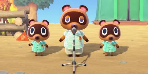 Nook family speaking into a microphone