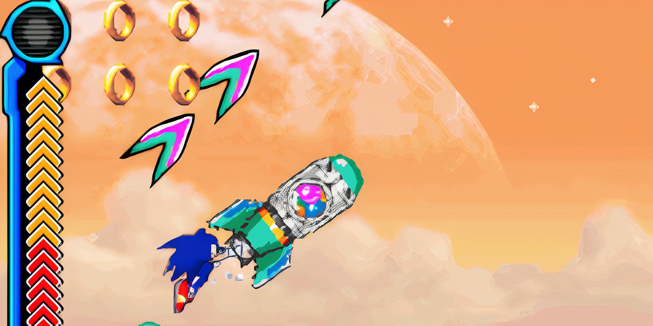 Sonic hanging onto a rocket