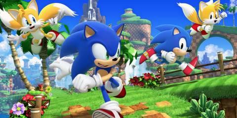 Modern Sonic and Tails next to classic Sonic and Tails