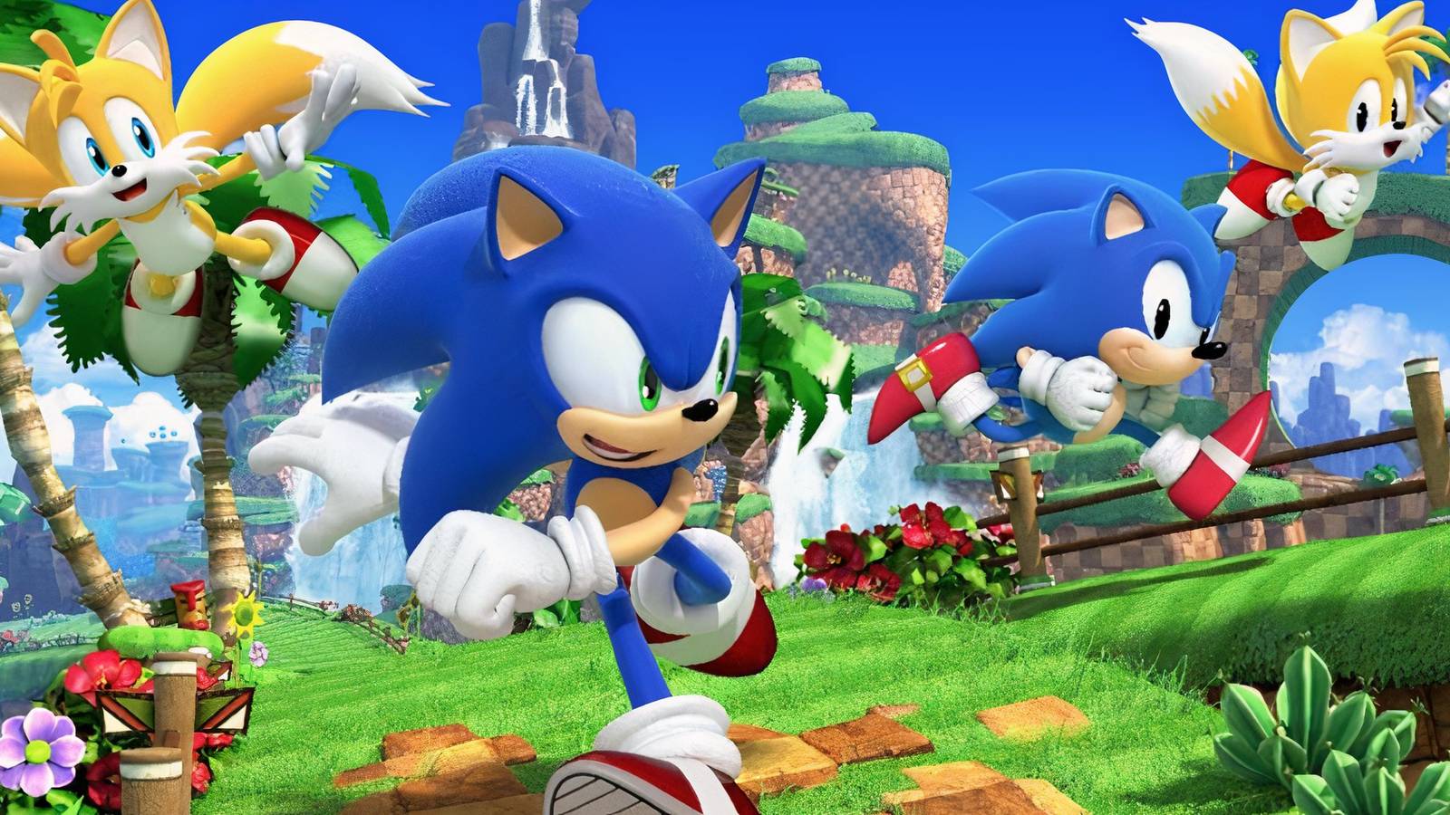 Modern Sonic and Tails next to classic Sonic and Tails