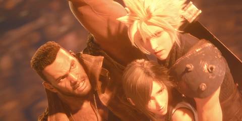 Cloud, Tifa and Barret swinging on a rope