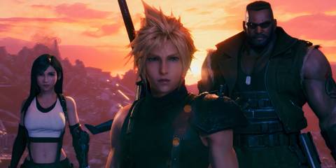 Cloud, Tifa and Barret standing in front of a sunset