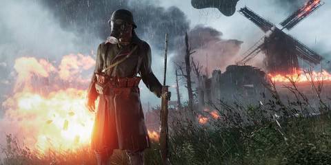 Masked soldier in a burning field