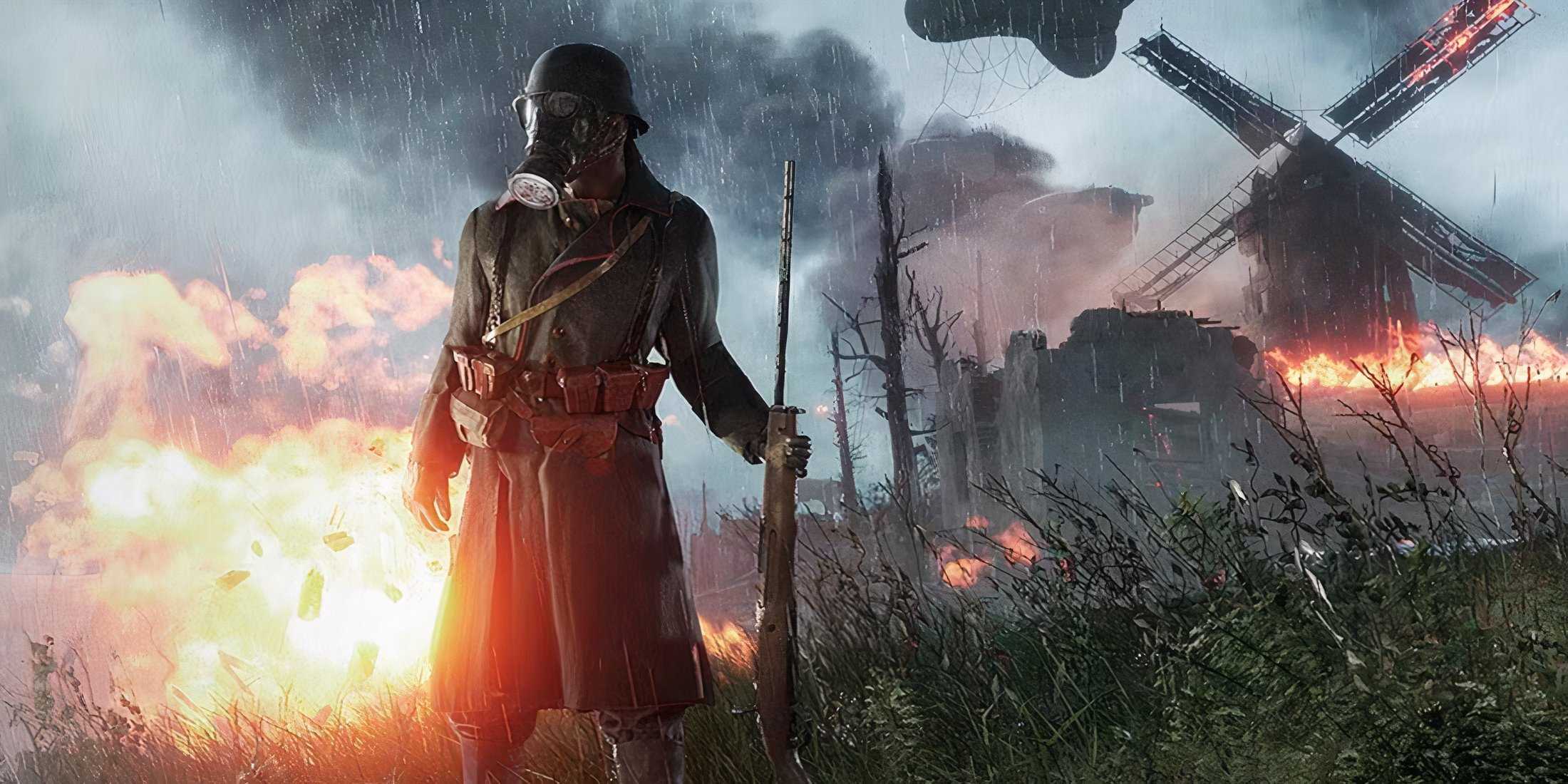 Masked soldier in a burning field