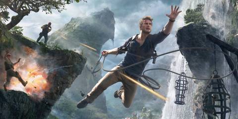 Natah Drake jumping between ledges with enemies firing guns at him 