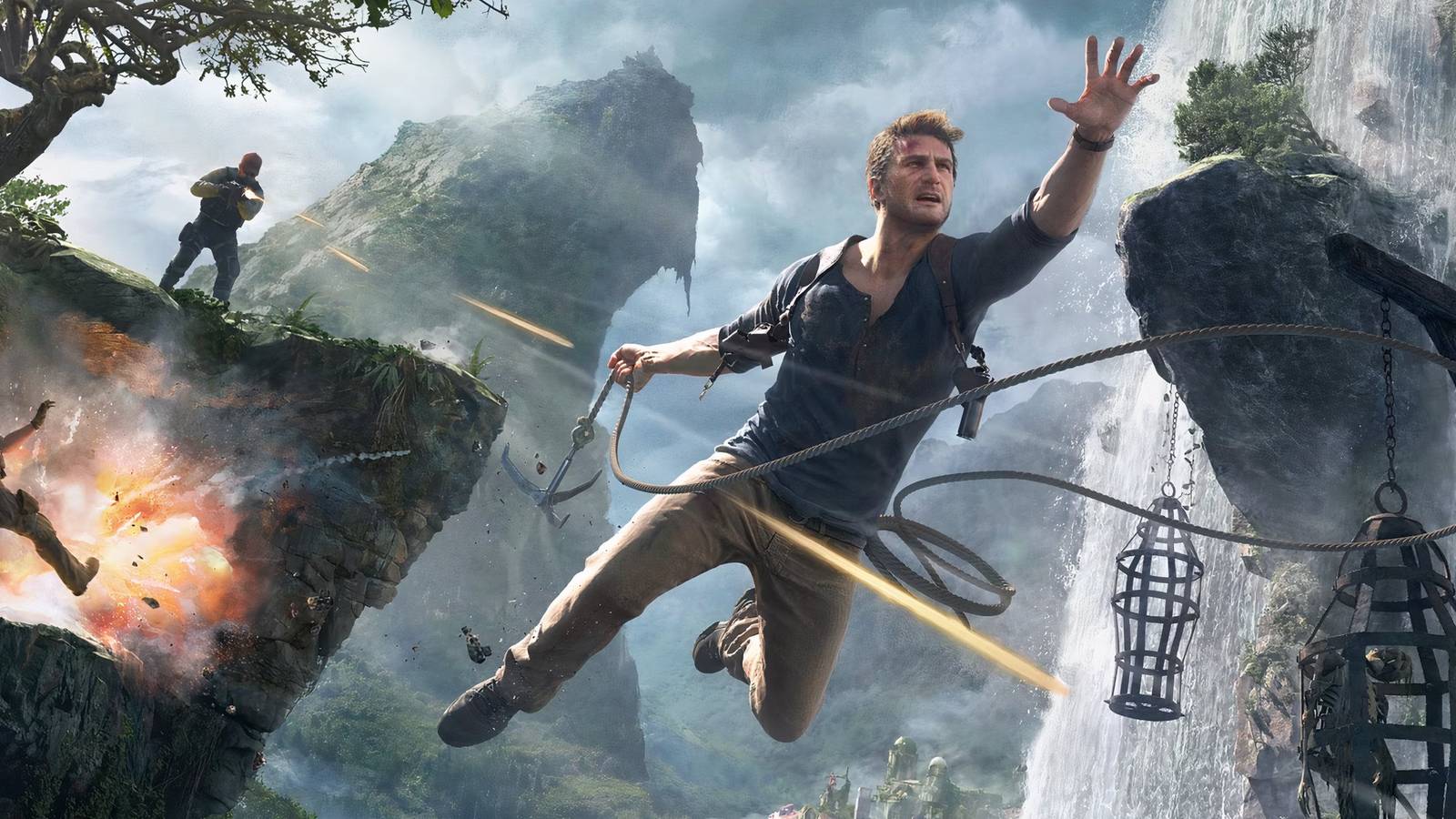 Natah Drake jumping between ledges with enemies firing guns at him 