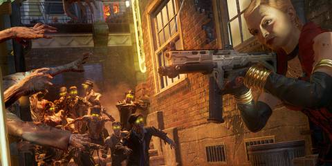 Woman shooting zombies with others behind her