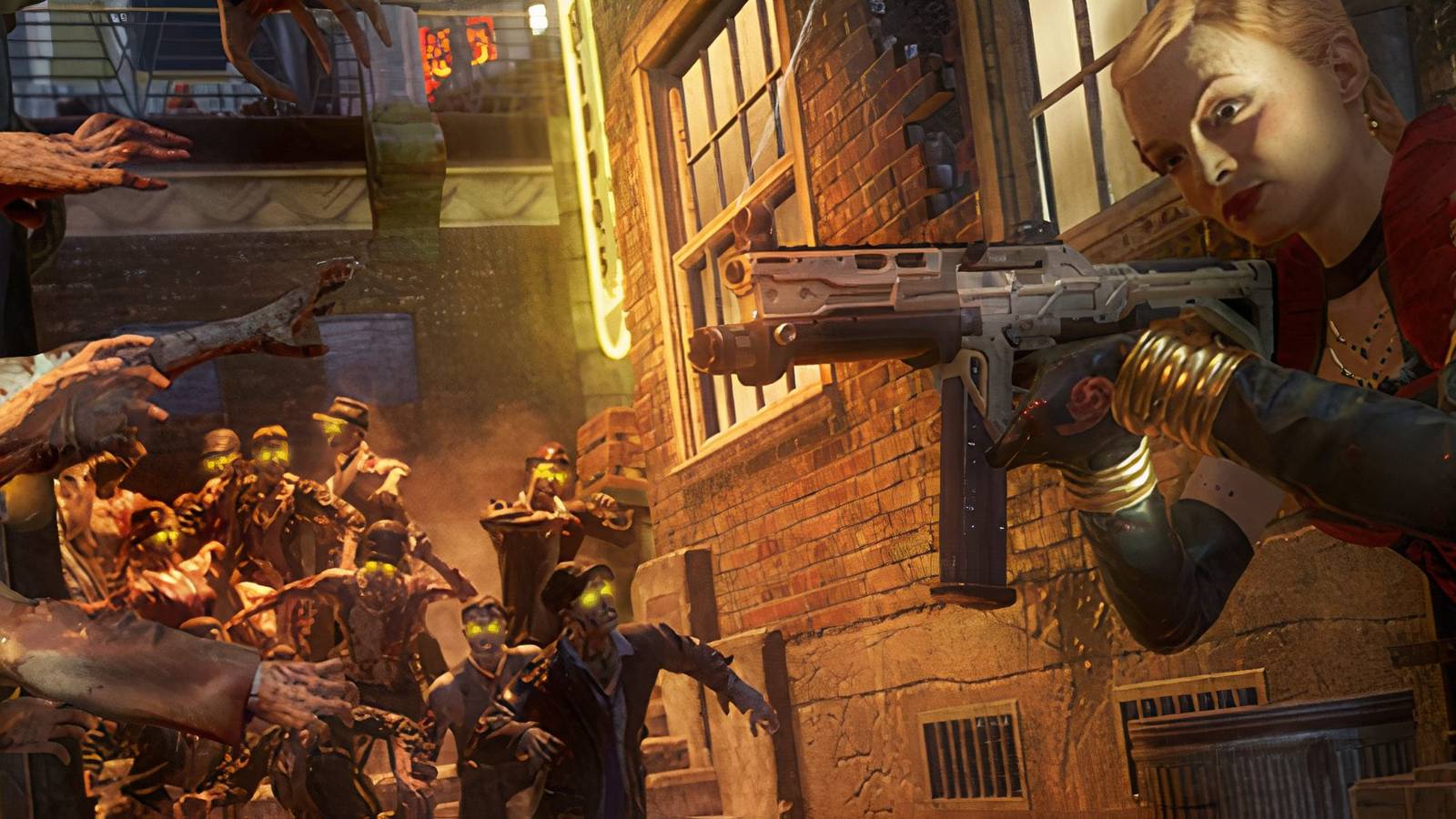 Woman shooting zombies with others behind her