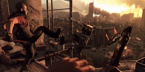 Character kicking zombie off a roof