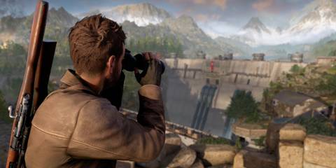 Sniper looking out for enemies with binoculars