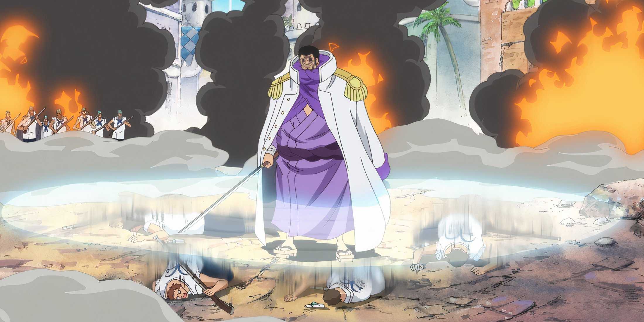 Fujitora using his Press-Press Fruit on Marines in One Piece