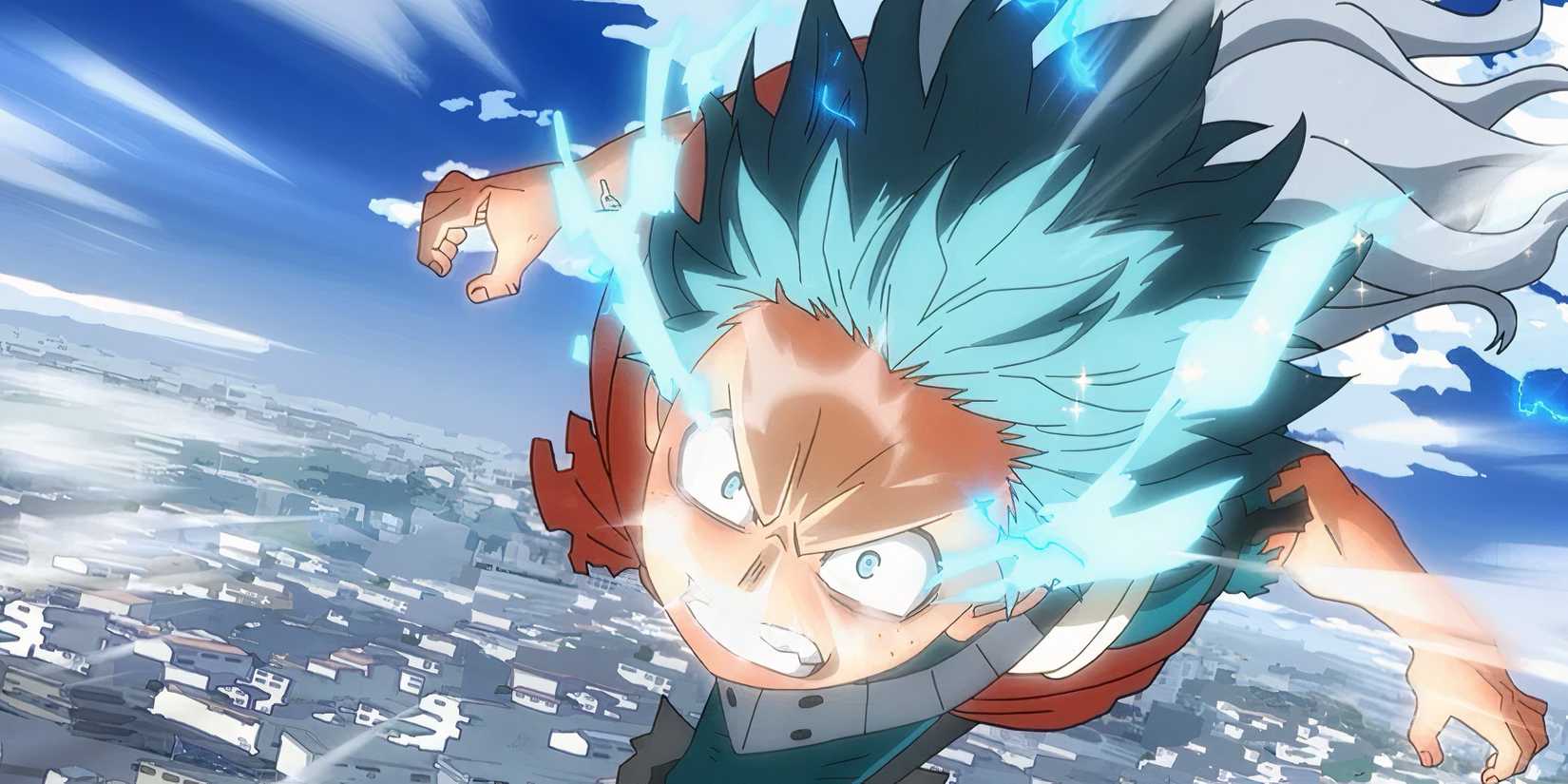 Deku flying across the sky with Eri