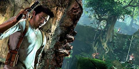 Drake taking cover from enemies