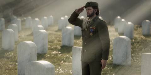 Big Boss saluting in a graveyard