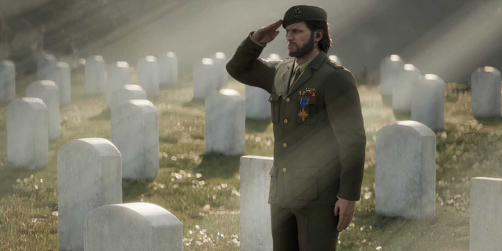 Big Boss saluting in a graveyard