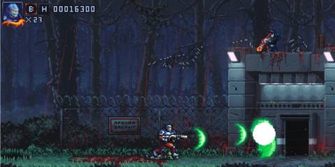 Shooting enemies as a blue hero in Iron Meat