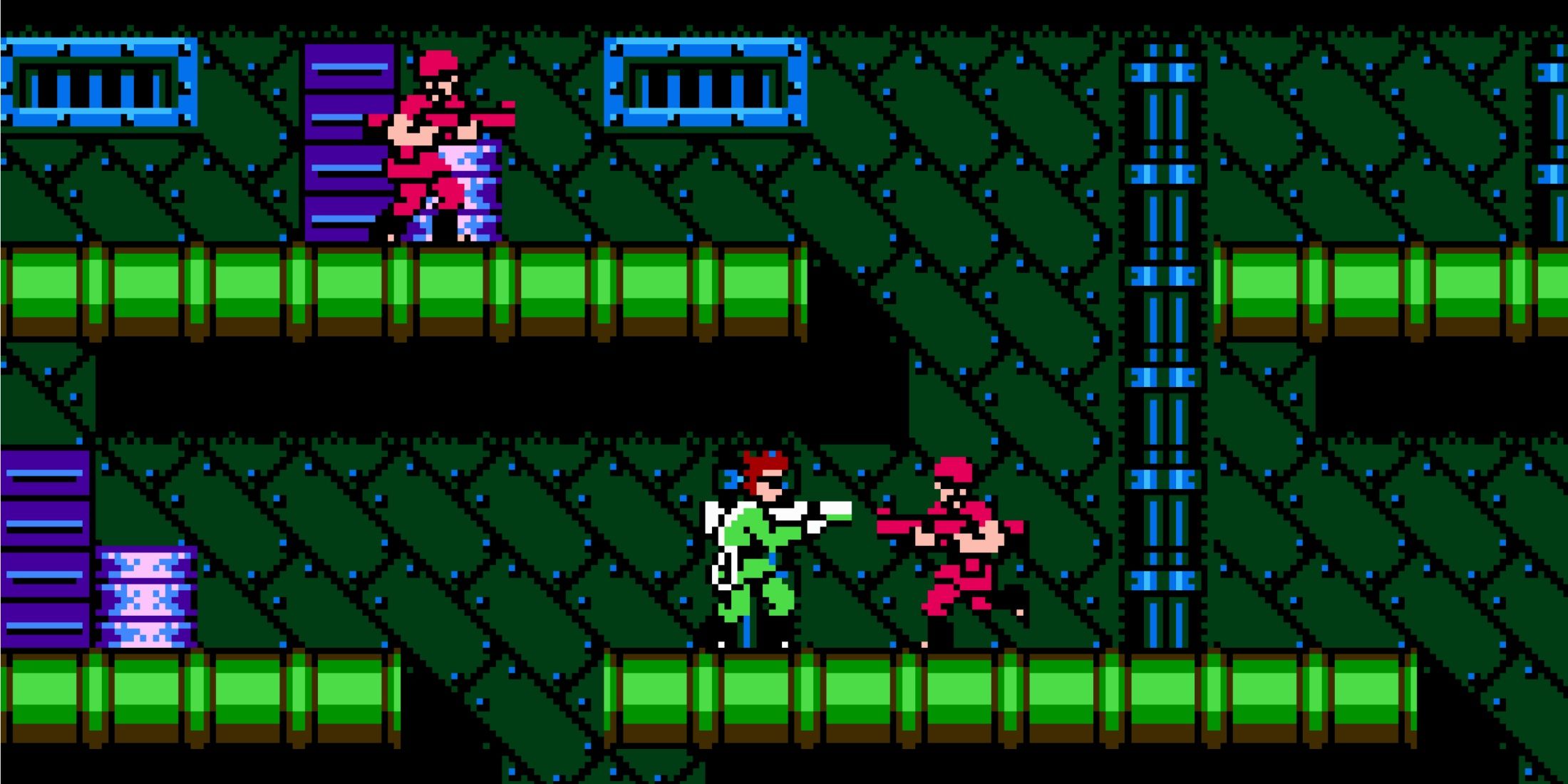 Shooting enemies in Bionic Commando (NES)
