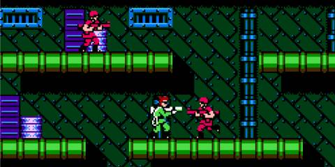 Shooting enemies in Bionic Commando (NES)