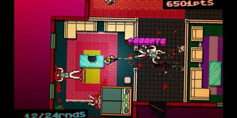Shooting enemies with an uzi in Hotline Miami
