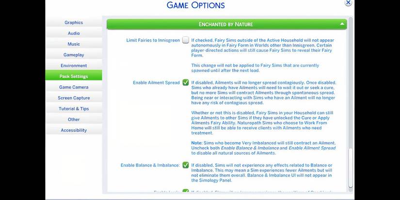 Sims 4 Enchanted by Nature new toggle options