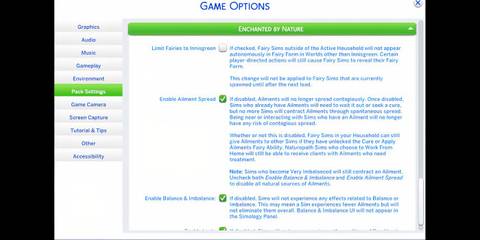 Sims 4 Enchanted by Nature new toggle options