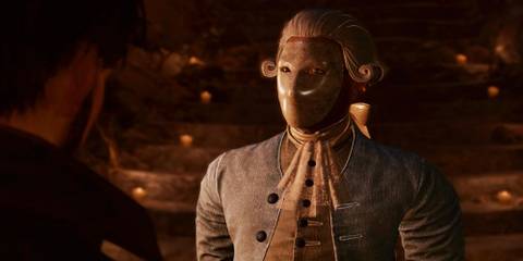 Speaking to a mysterious masked man in The Council