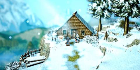 Standing in a snowy village in Octopath Traveler 0