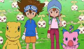 Tai, Sora, and their Digimon in Digimon Adventure (2020)