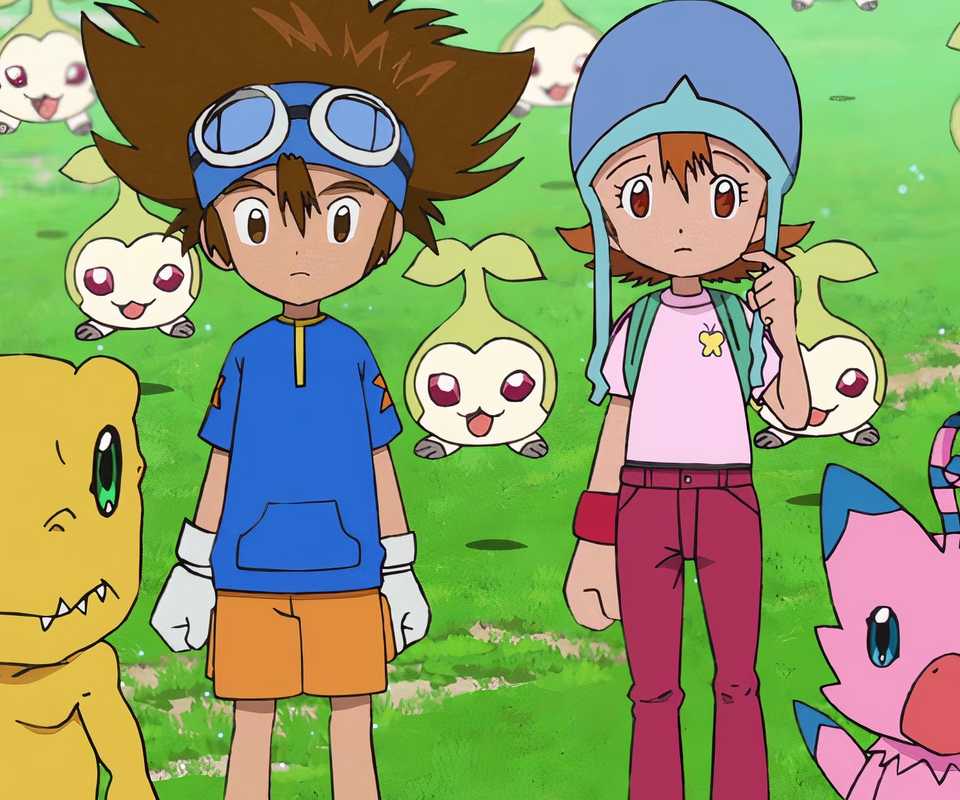 Tai, Sora, and their Digimon in Digimon Adventure (2020)