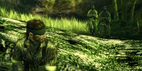 Taking cover in the jungle in Metal Gear Solid 3 Snake Eater