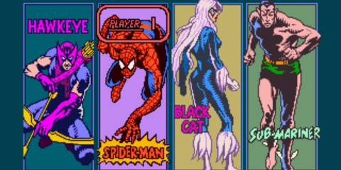 The character select screen, featuring Hawkeye, Spider-Man, Black Cat and Namor - Spider-Man The Video Game