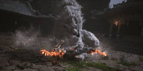 The Destined One fighting a wolf enemy - Black Myth Wukong
