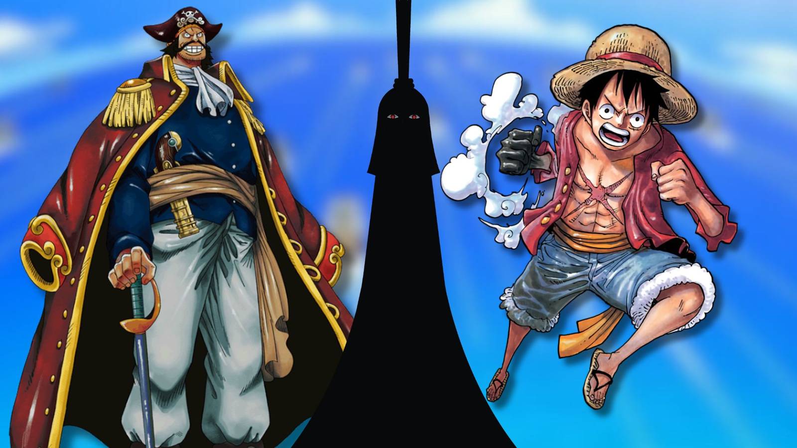 A collage of three important One Piece characters: Gol D. Roger, Imu and Monkey D. Luffy.