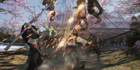 The playable character fighting a bunch of enemies - Dynasty Warriors Origins