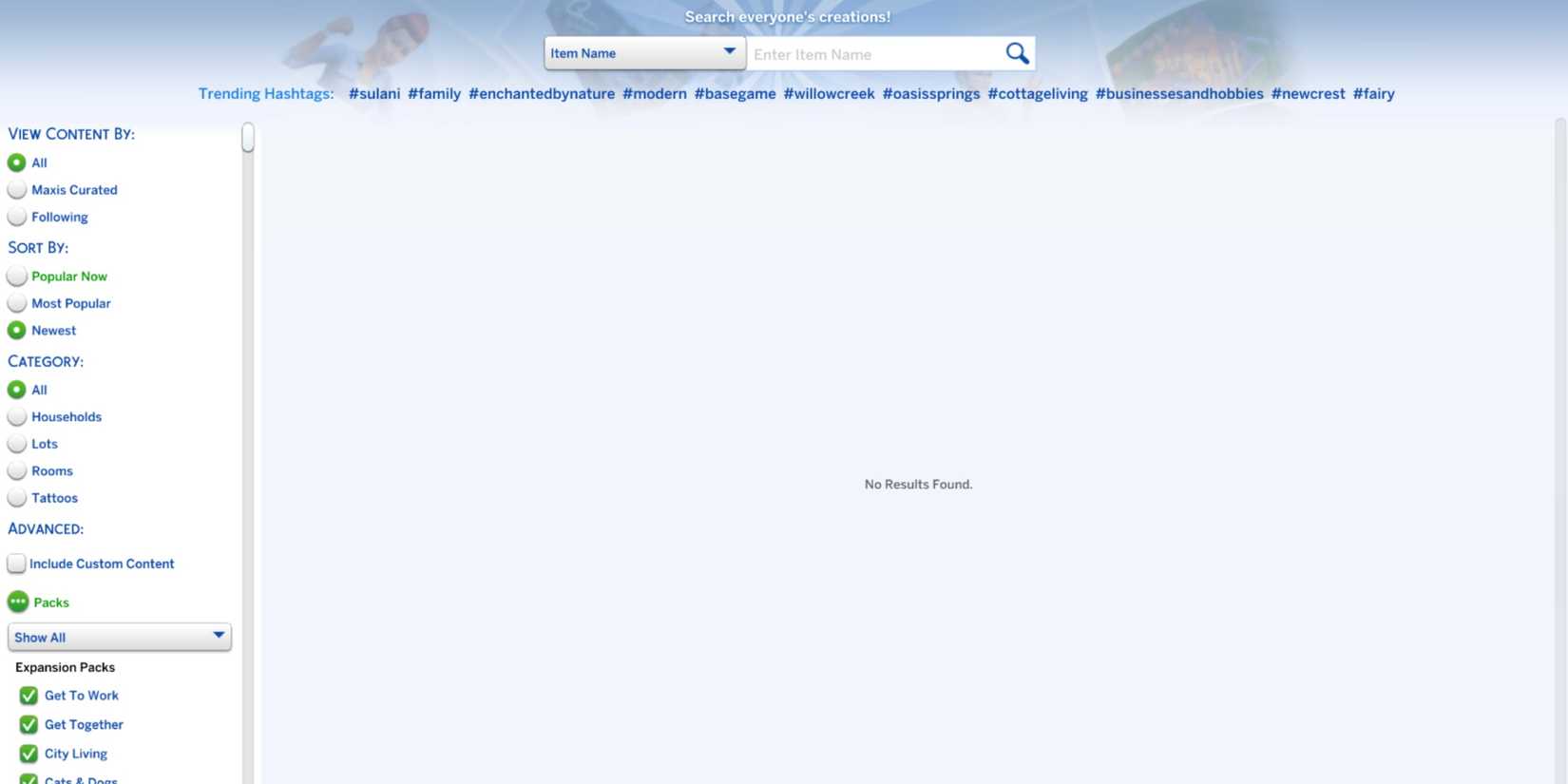 the sims 4 no results found