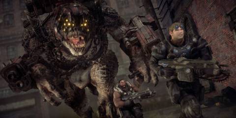 The team escapes from a giant Locust boss - Gears Of War Reloaded