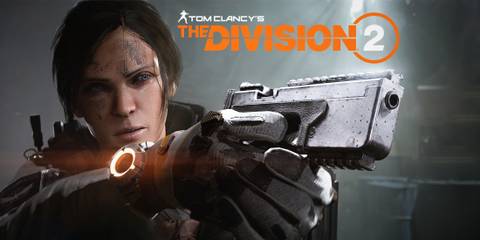 Tom Clancy's The Division 2 character aiming handgun next to game logo 2x1 composite