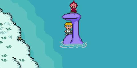 Traveling by monster on the sea in EarthBound