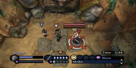 Two characters attacking an enemy in Gladius