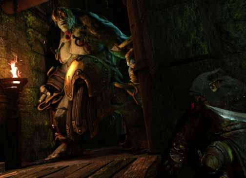 Um jogador se escondendo atrás de uma parede de um ogro em Styx: Master of Shadows.