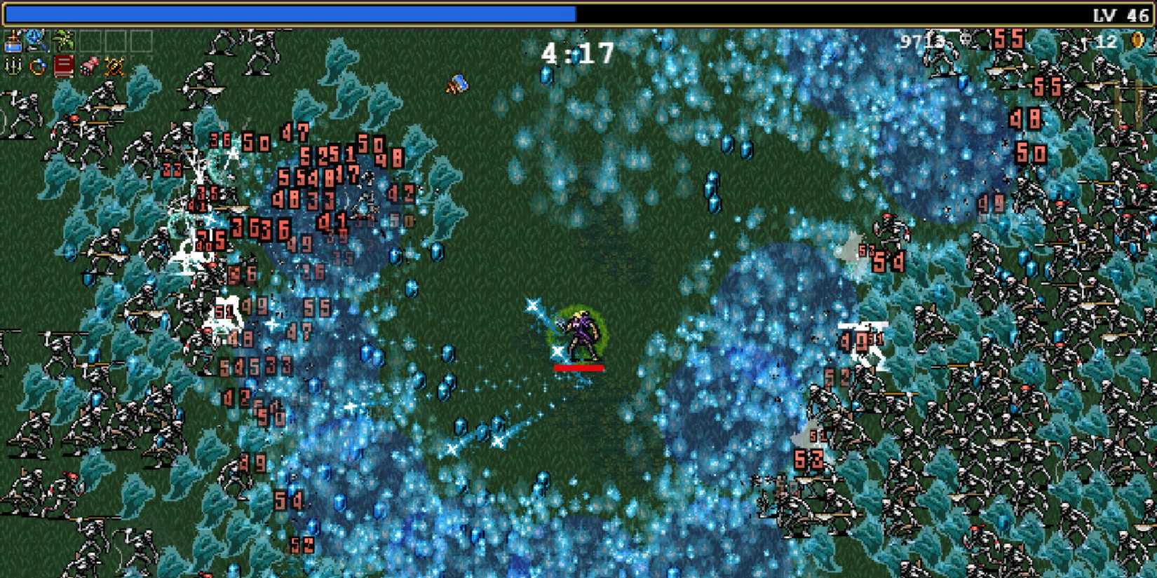 A player at level 45, 4 minutes into their run in Vampire Survivors