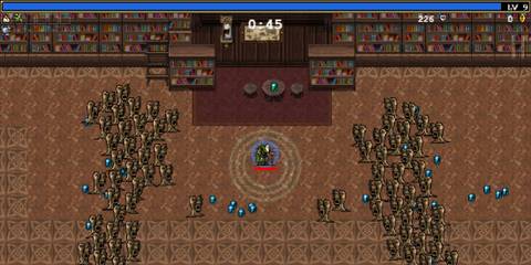 A player surrounded at level 9, 45 seconds into Vampire Survivors