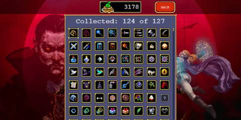 123 out of 127 items collected in Vampire Survivors