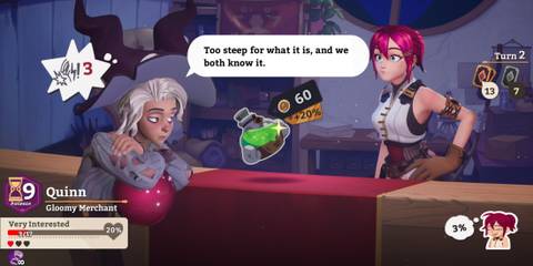 Quinn buying from the player in Potionomics
