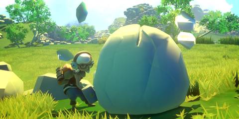 A player mining a rock in Yonder: The Cloud Catcher Chronicles