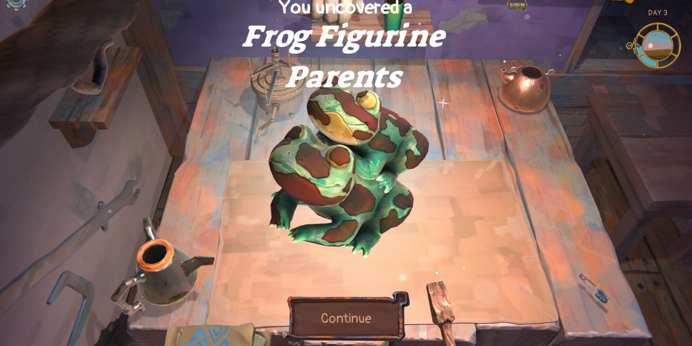 A player discovering a Frog Figurine in Trash Goblin