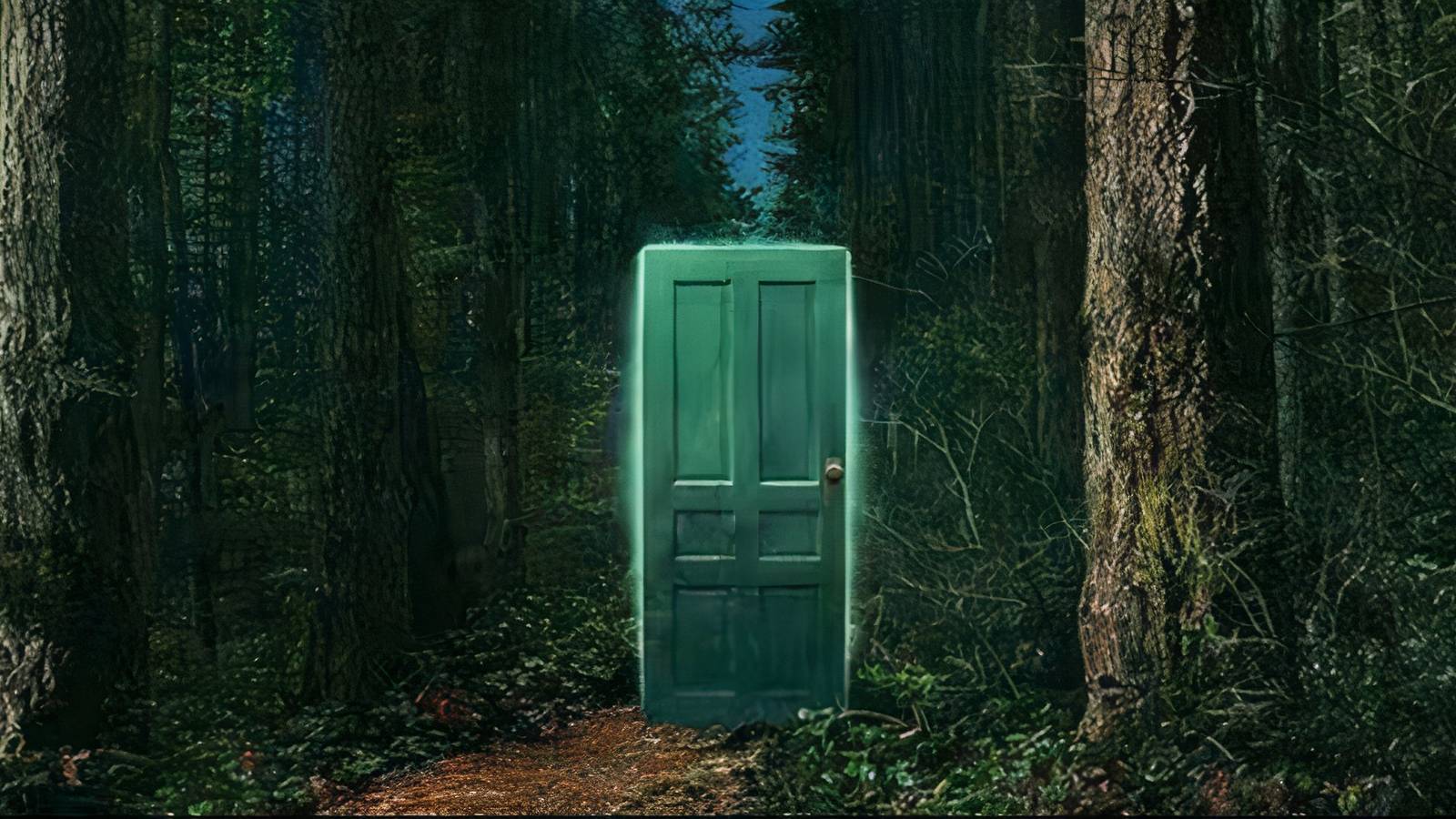 green door in the middle of a forest
